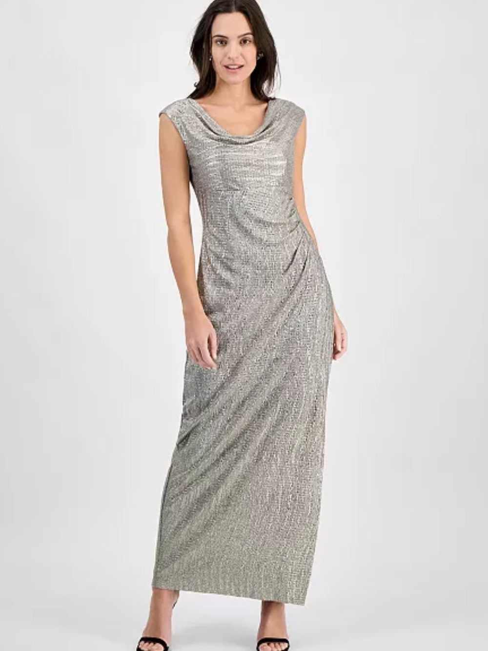 Connected Apparel Metallic Silver Cowl Neck Evening Gown NWT Size 8P